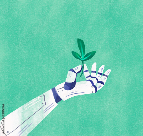 Illustration of a robot hand holding a green plant symbolizing technology and nature integration