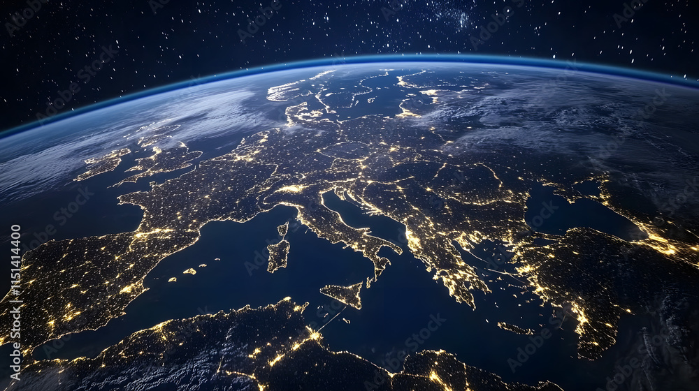 Obraz premium Detailed satellite view of Europe at night, illuminated by city lights, with a starry sky and glowing horizon. .