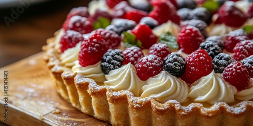 Cream tart closeup showcasing a delicious dessert, with the bakery s sweet treats beautifully displayed on a wooden table. This cream tart exemplifies the finest in pastry and confectionery delights. photo