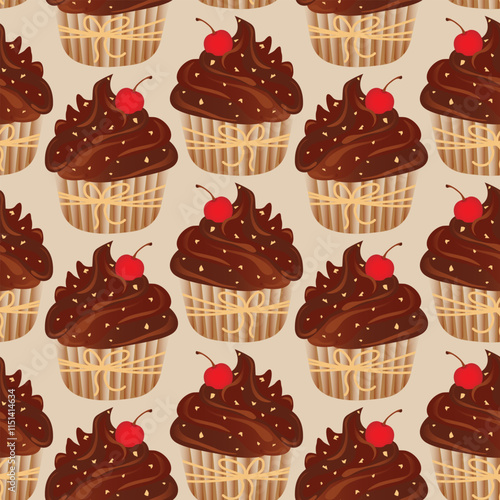 Seamless pattern for kitchen decor and more. Delicious chocolate cupcake with whipped cream and cherry. Vector cartoon illustration of sweet food.