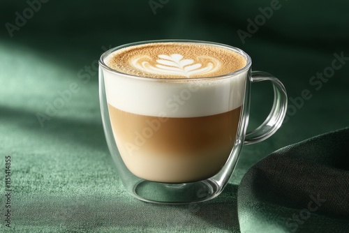Cappuccino in glass with latte art on foam on green table