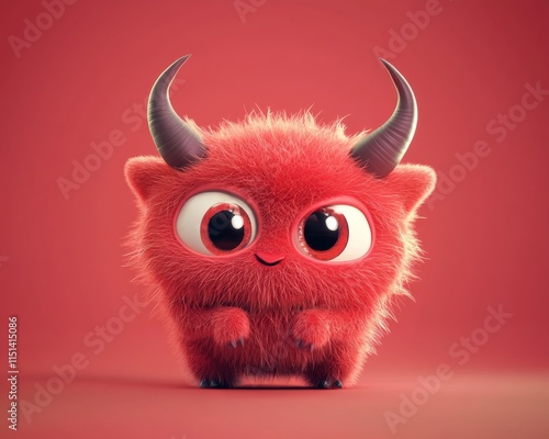 Cute Fluffy Red Monster Sitting Against a Red Background.. photo