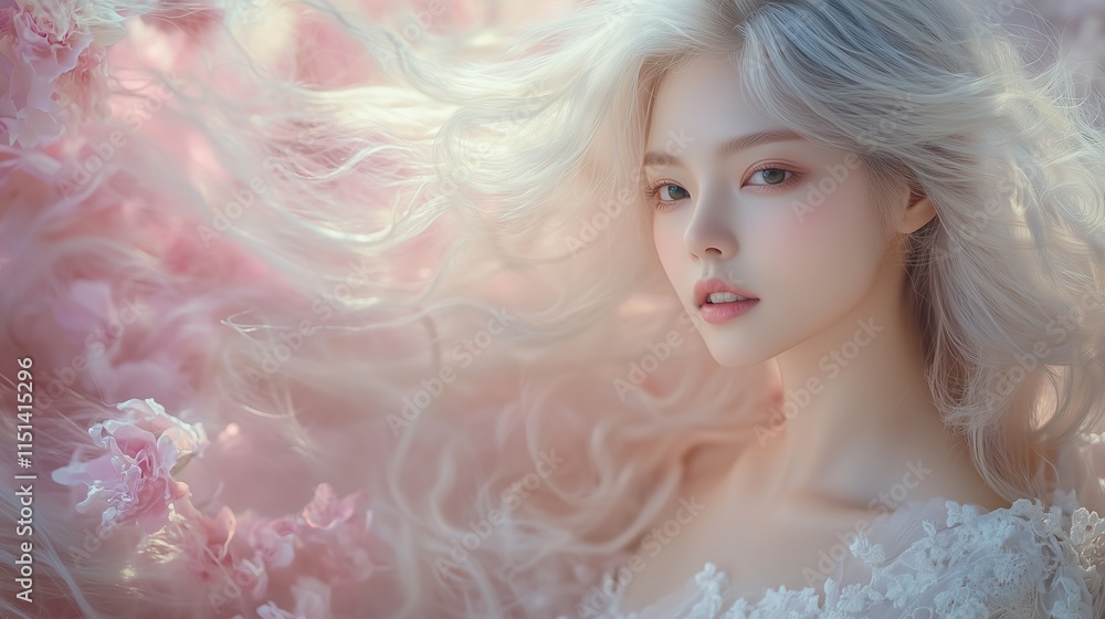 Blond Woman Pink Flowers Dreamy Hair Soft Lighting Romantic Style Blond Woman Pink Flowers Dreamy Hair Soft Lighting Romantic Style