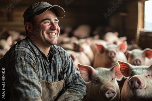 A farmer smiles with a group of pigs in a barn.