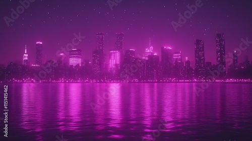 Pink Cityscape Night Skyline Reflection Water Stars photo