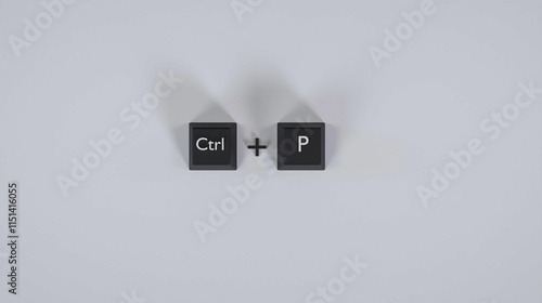 3D Black Keyboard Keys with 'Ctrl + P' Text on White Background, Digital and Tech Concept for Productivity