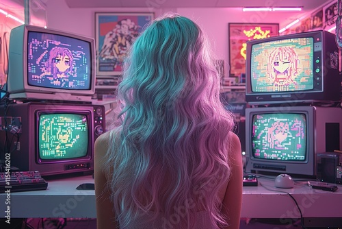 Retro cyber aesthetic: woman in neon room with vintage monitors and pixel art photo