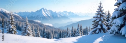 snow-covered mountains and pine trees under bright winter sunny sky, blurred background banner with copy space. seasonal design, winter, travel promotion.