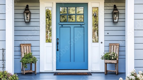 A front entrance of a home with a blue door