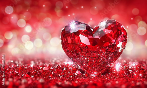 Crystal heart Background with red bokeh effect style for Valentines Day and Sweet love Banner design. Red heart, Crystal heart, love, sweet, wedding, Valentine, and wedding concepts