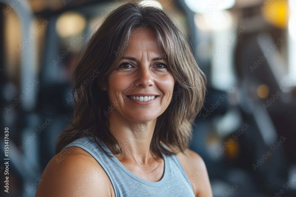 Portrait of stylish smiling middle aged woman in sportswear in gym. Healthy lifestyle concept Portrait of stylish smiling middle aged woman in sportswear in gym. Healthy lifestyle concept