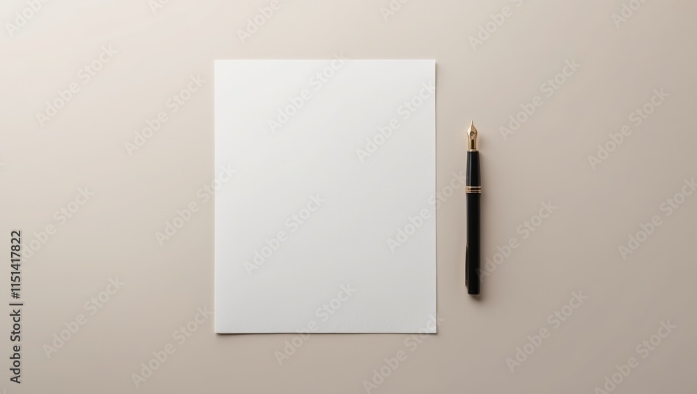 Blank sheet of paper placed on beige background next to elegant fountain pen, ideal for writing, notes, or creative projects. Blank sheet of paper placed on beige background next to elegant fountain pen, ideal for writing, notes, or creative projects.