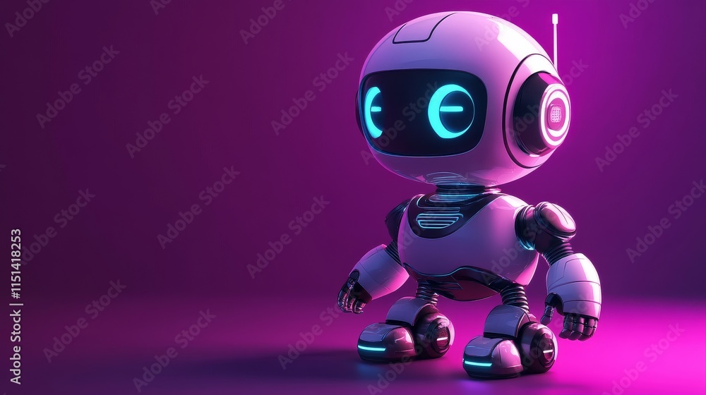 Cute Robot Posing in Vibrant Purple Neon Studio Lighting.. Cute Robot Posing in Vibrant Purple Neon Studio Lighting..