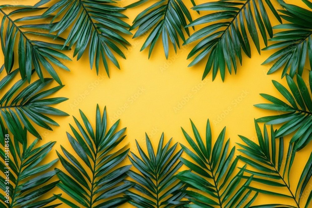 Flat green palm branches on yellow background Flat green palm branches on yellow background