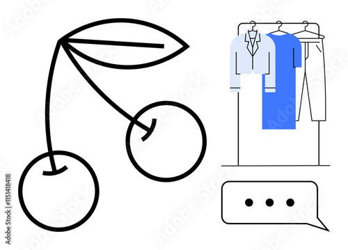 Cherries drawn in black lines clothing rack with shirts and pants speech bubble with ellipsis. Ideal for fashion, communication, minimalism, retail, design, technology, and art concepts. Line