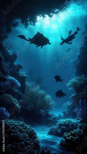 Wallpaper Mural Underwater scene showcasing diverse marine life, luminous coral formations, and beams of sunlight penetrating deep blue waters. Torontodigital.ca