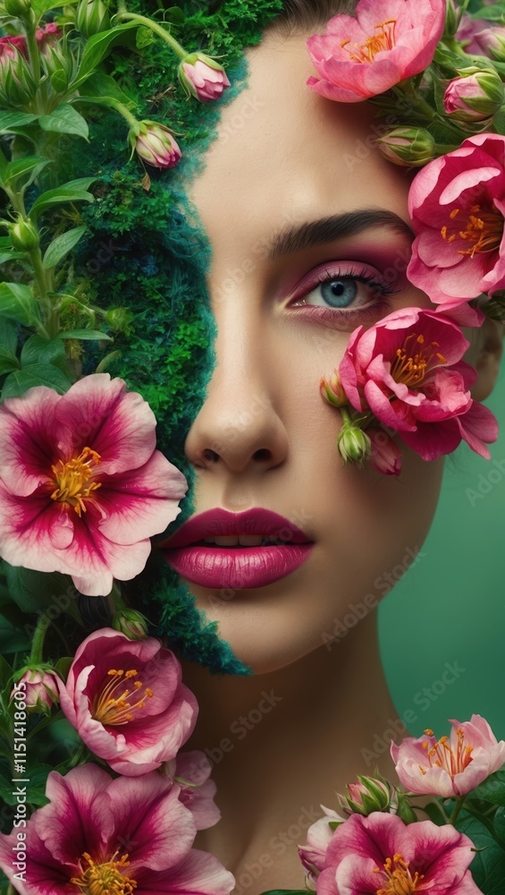 Close-up portrait blending beauty and nature, featuring vibrant pink flowers framing the face, green background, and striking blue eyes. Close-up portrait blending beauty and nature, featuring vibrant pink flowers framing the face, green background, and striking blue eyes.