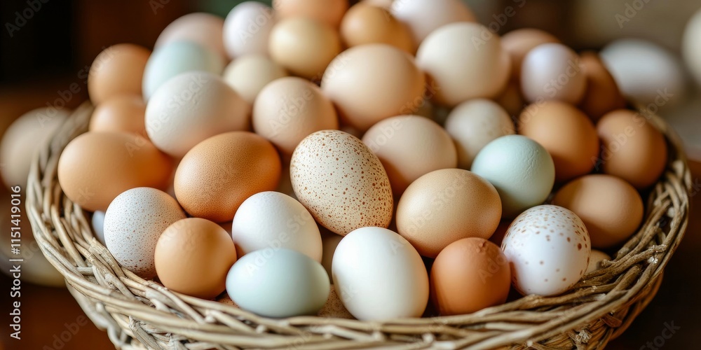A basket filled with many chicken eggs, showcasing a variety of chicken eggs resting together. This collection of chicken eggs highlights their natural beauty and distinct characteristics. A basket filled with many chicken eggs, showcasing a variety of chicken eggs resting together. This collection of chicken eggs highlights their natural beauty and distinct characteristics.