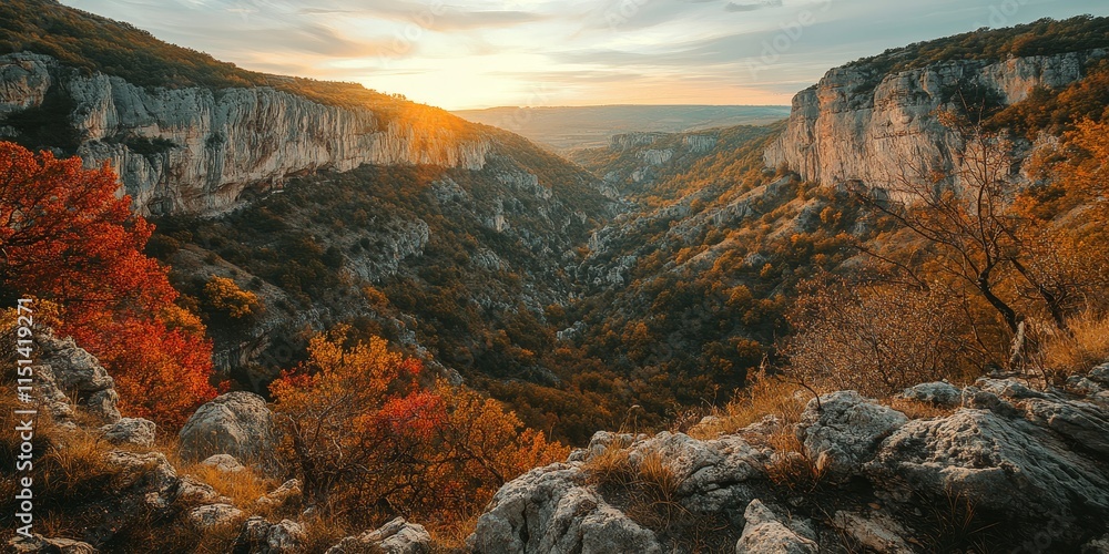 Obraz premium Beautiful landscape of autumn colors showcasing a scenic canyon during a hike on the Vradeto Steps, highlighting the captivating beauty of the landscape in this picturesque setting.