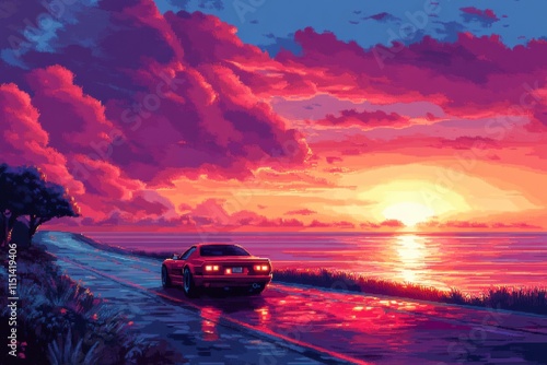 Racing car on a coastal road at sunset with colorful clouds, sky in pixel art style