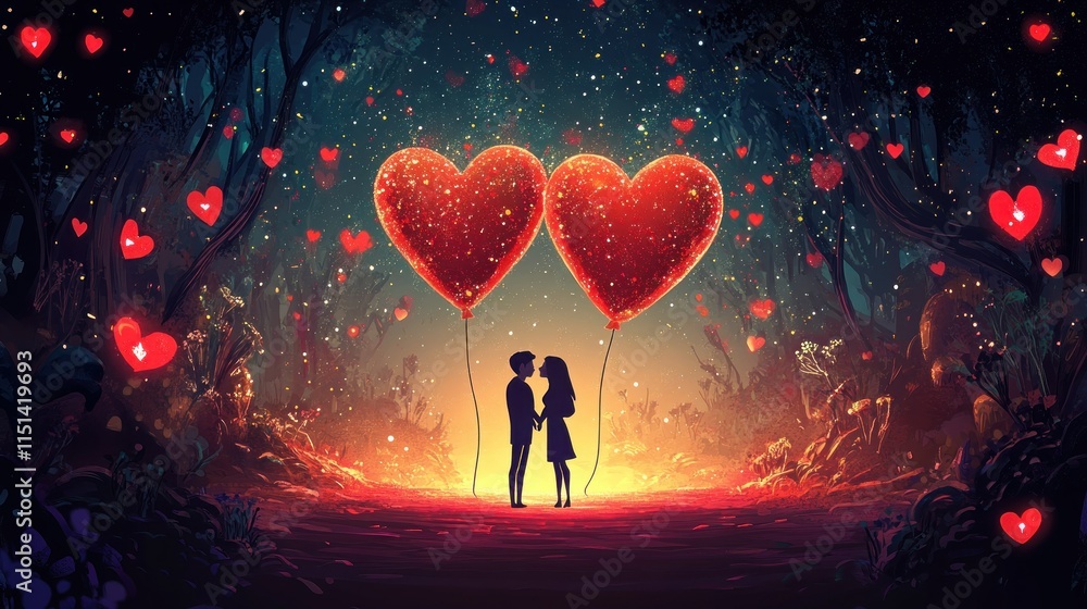 Obraz premium Valentine's Day background, a cartoon illustration of two lovers in love with heart-shaped balloons on Valentine's Day.