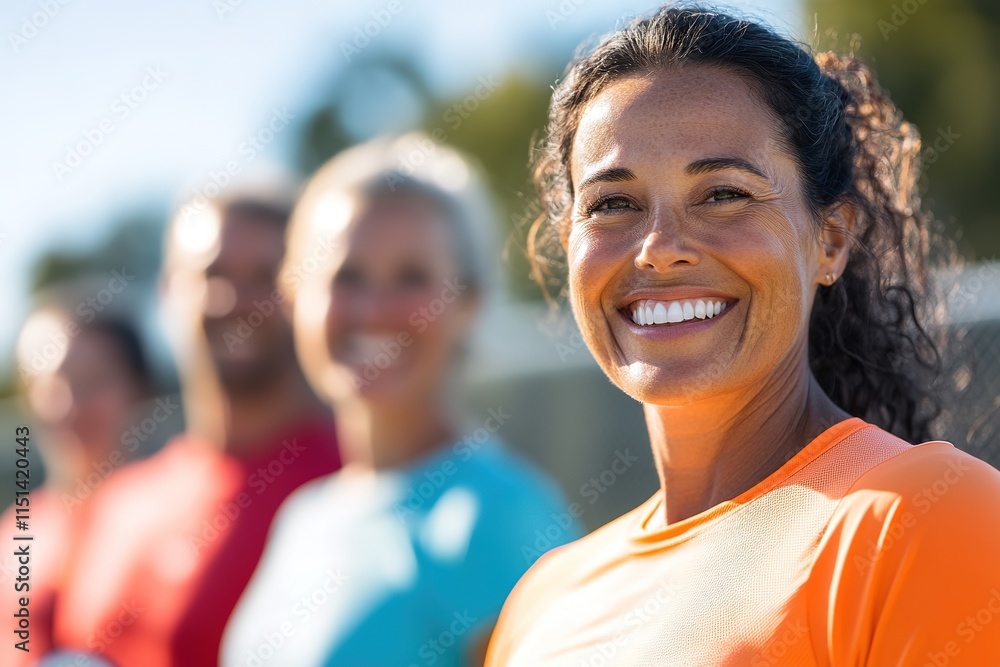 Smiling diverse group playing pickleball outdoors Smiling diverse group playing pickleball outdoors