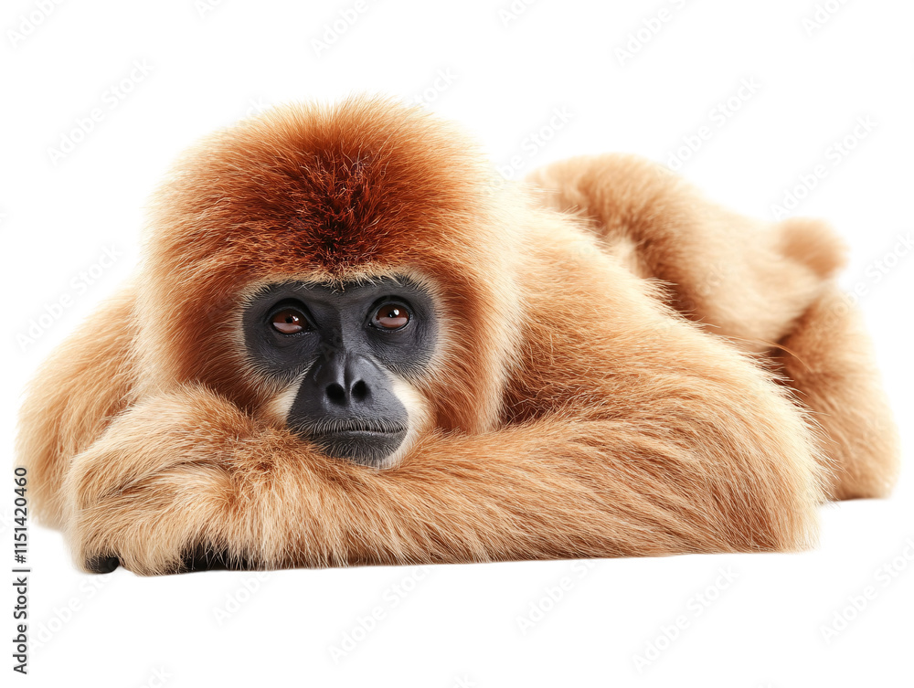 a monkey lying down with its arms around its face a monkey lying down with its arms around its face