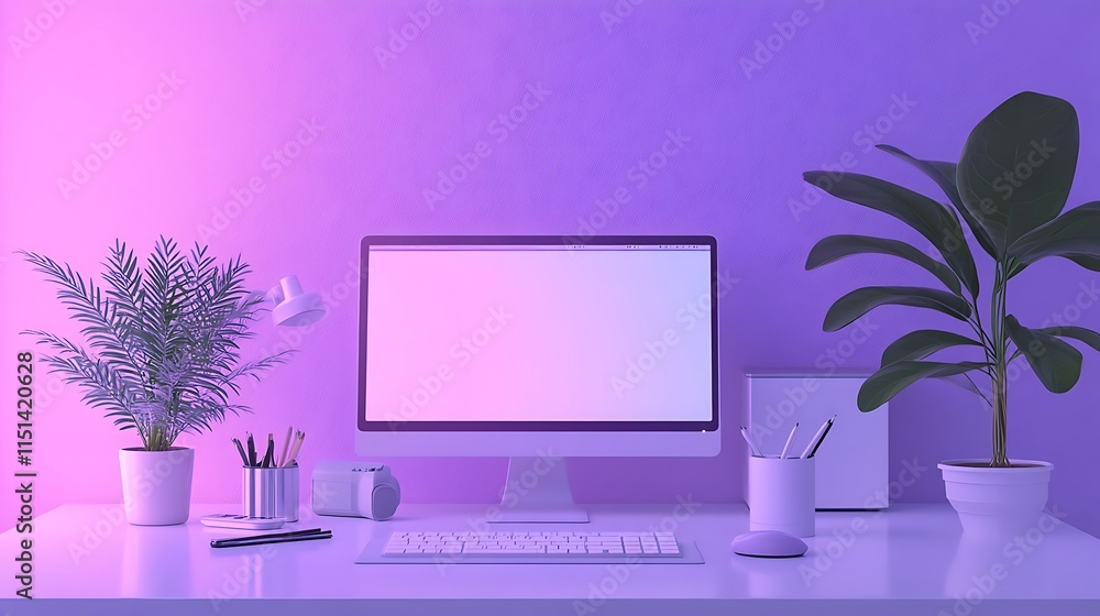 A minimalist 3D animation workspace with dual screens showing rendered scenes and animation tools, a small potted plant adding a touch of nature, and soft purple lighting enhancing the creative mood. A minimalist 3D animation workspace with dual screens showing rendered scenes and animation tools, a small potted plant adding a touch of nature, and soft purple lighting enhancing the creative mood.