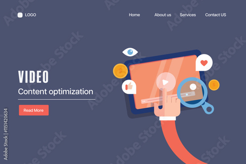 Audience engagement on social media with video content, user hand press video play button on tablet screen, vector illustration.