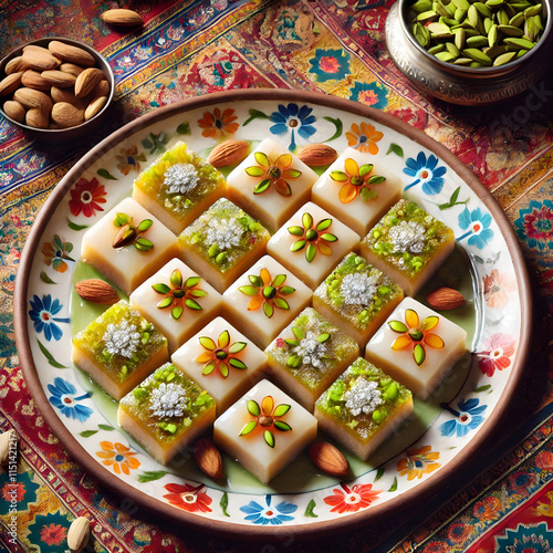 Top view of a plate of burfi, traditional indian milk-based sweets decorated with nuts and spices photo