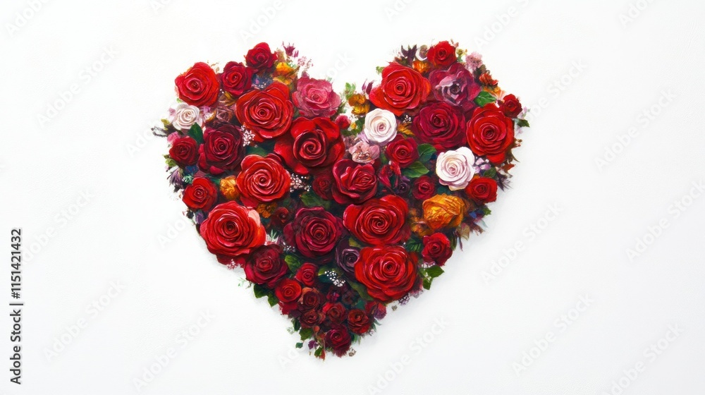 Valentine's Day - Heart-shaped arrangement made of red roses on a white background. Valentine's Day - Heart-shaped arrangement made of red roses on a white background.