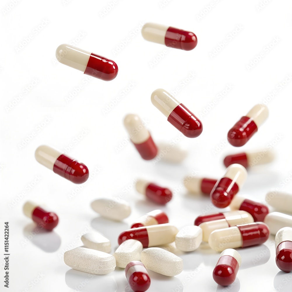 Floating red and white capsules on a clean white background. The image conveys pharmaceutical themes, healthcare, and medical treatment, with a focus on capsules and medication. Floating red and white capsules on a clean white background. The image conveys pharmaceutical themes, healthcare, and medical treatment, with a focus on capsules and medication.