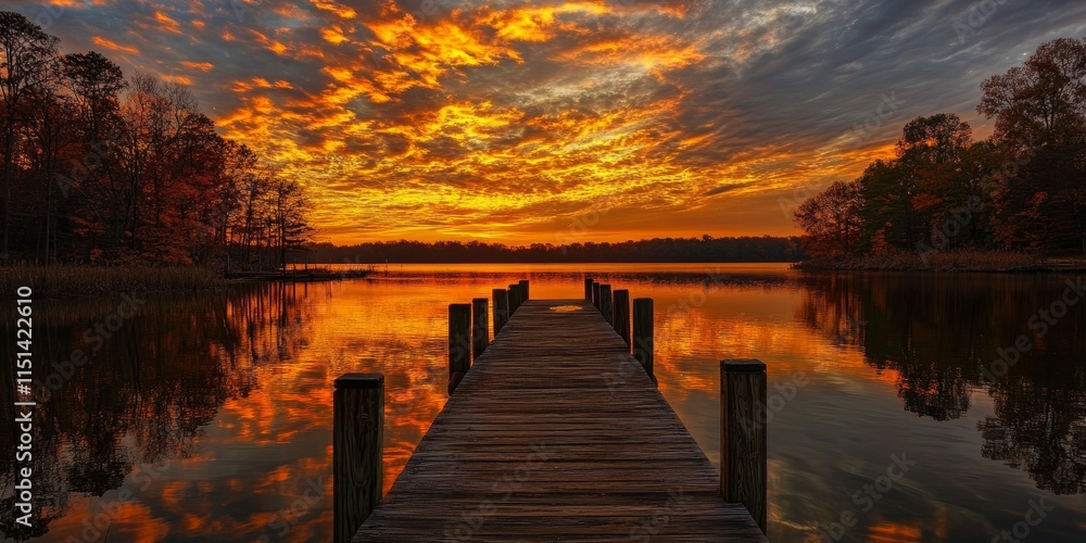 Fototapeta premium Stunning autumn sunset at a serene waterfront pier, showcasing the beauty of autumn sunset hues reflected on the water, creating a picturesque scene filled with autumn sunset charm.