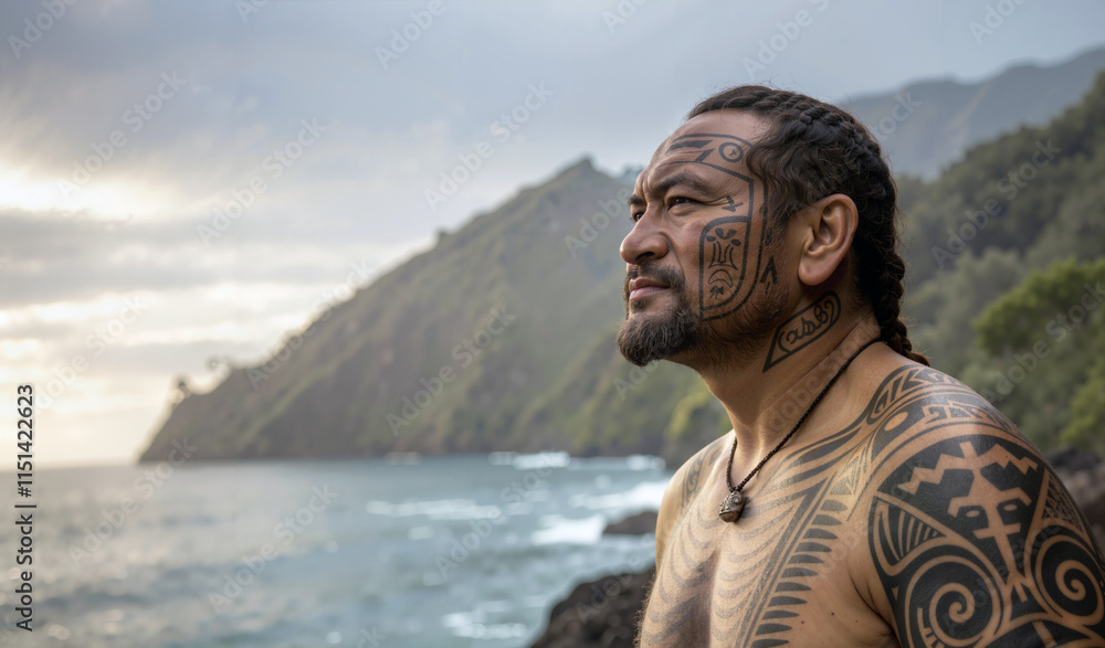 A Close-Up Portrait of a Māori Warrior Showcasing Traditional Tribal Tattoos and Cultural Heritage A Close-Up Portrait of a Māori Warrior Showcasing Traditional Tribal Tattoos and Cultural Heritage