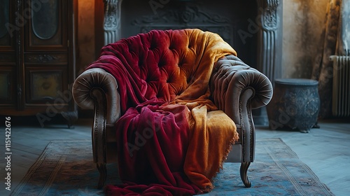 A luxurious woolen blanket in gradient jewel tones, elegantly arranged over a tufted velvet chair, set in a dimly lit room with warm ambient lighting, hd quality, elegant and dramatic. --ar 16:9 photo