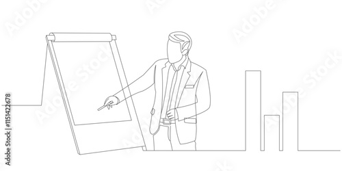 vector line art design of a boss in an office presenting a company sales turnover chart