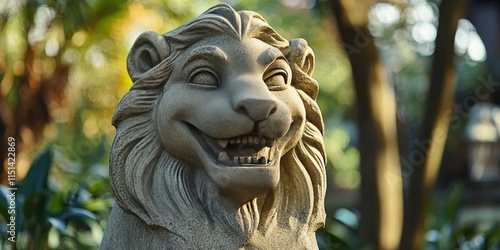 Face of a lion stone statue with a cheerful expression, featuring a whimsical smile that adds a touch of humor to the artistry. This lion stone statue captures playful features in its design. photo