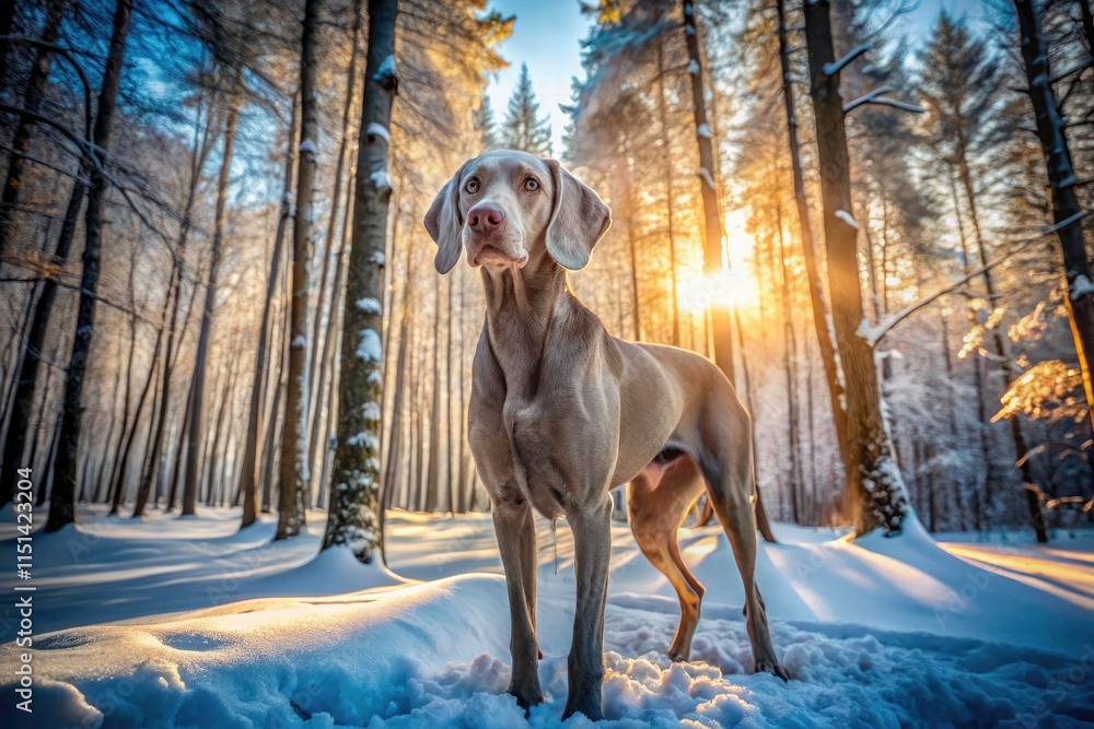 Weimaraner Winter Woods Photography: Majestic Silver Ghost in Snowy Forest