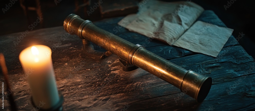 Obraz premium Antique brass telescope on a wooden table with old maps.