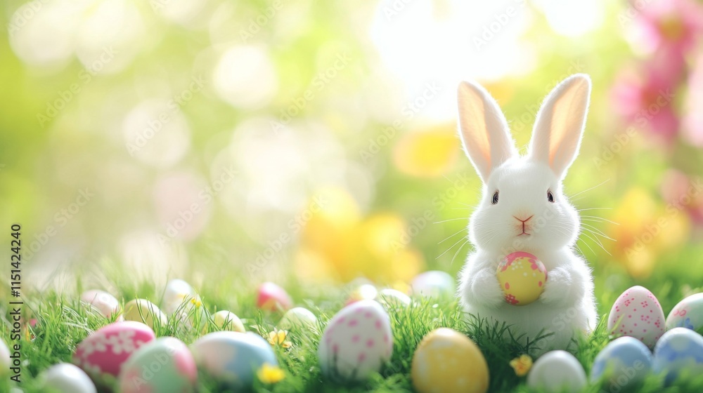 White Easter Bunny Holds Decorated Egg In Grass White Easter Bunny Holds Decorated Egg In Grass