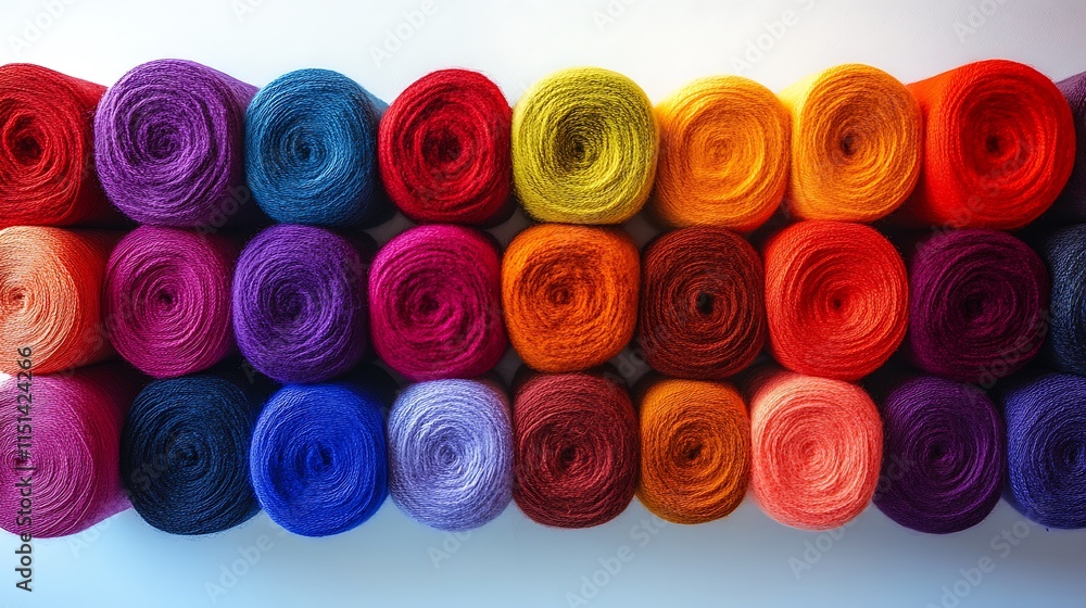 A neatly arranged color wheel of wool rolls, featuring vibrant hues from red to violet, placed on a smooth white surface, bright studio lighting emphasizing the vivid tones and textures, hd quality, A neatly arranged color wheel of wool rolls, featuring vibrant hues from red to violet, placed on a smooth white surface, bright studio lighting emphasizing the vivid tones and textures, hd quality,