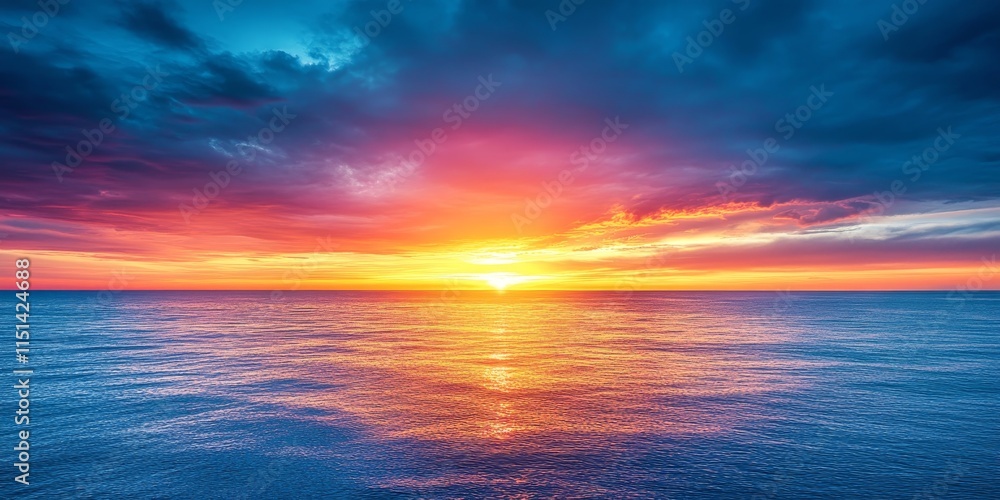 Breathtaking sunset over the ocean, illuminating the vast open sky with vibrant colors, creating a stunning visual display that captures the serene beauty of the ocean at dusk. Breathtaking sunset over the ocean, illuminating the vast open sky with vibrant colors, creating a stunning visual display that captures the serene beauty of the ocean at dusk.