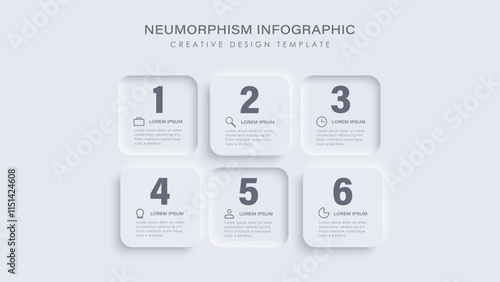 Neumorphism infographic template with 6 steps or options.