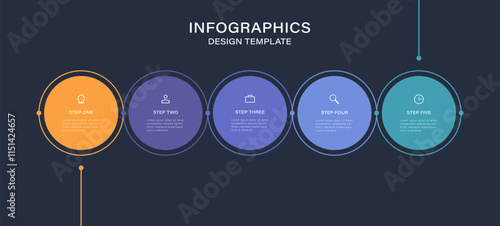 Business model with five colorful circular elements. Concept of 5 options of startup project to choose. Modern vector illustration for information analysis.