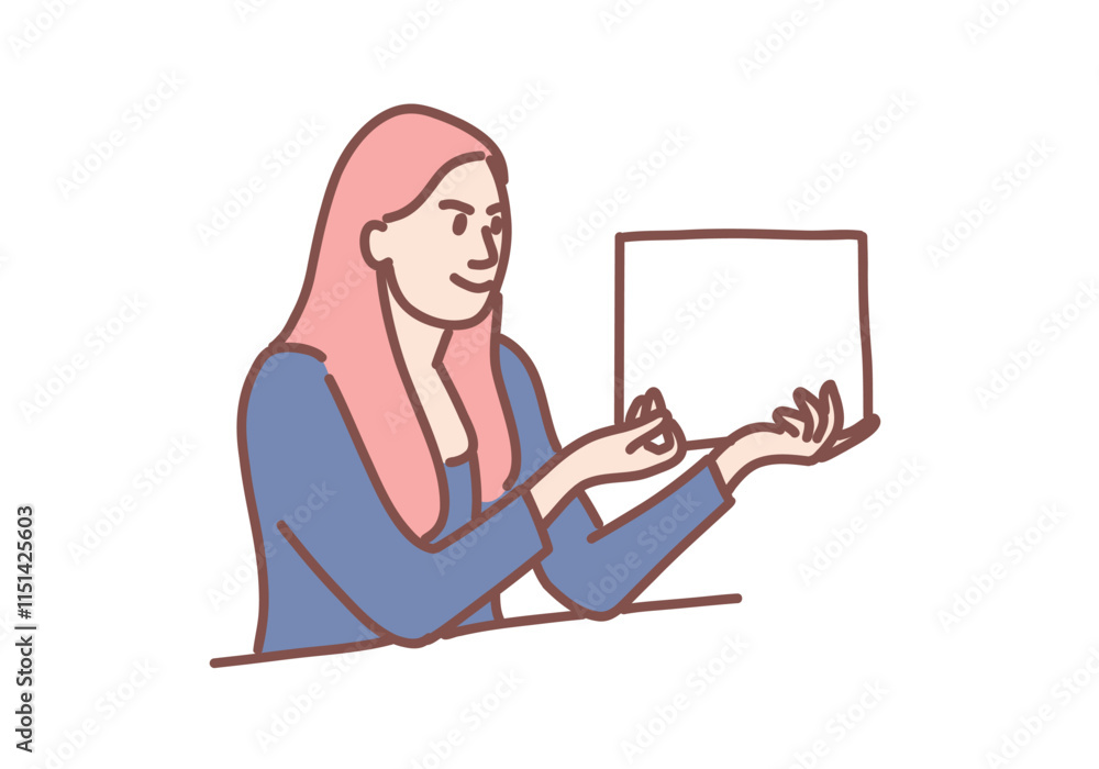 Young businesswoman presenting data on white space in presentation at meeting. Hand drawn style vector design illustrations. Young businesswoman presenting data on white space in presentation at meeting. Hand drawn style vector design illustrations.