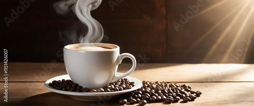 Steaming Coffee Cup Beans Wooden Table Warm Sunlight