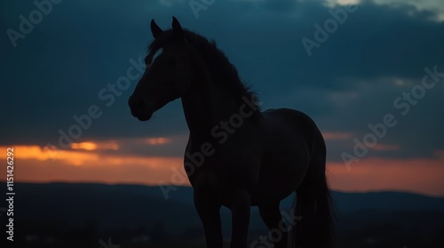 Silhouette of a Horse Against a Dark Blue Sky photo