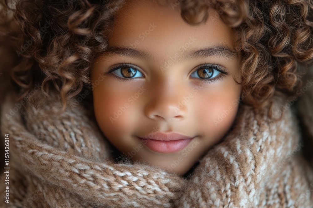 portrait of a young multiracial child with curly hair, wearing a cozy sweater and a bright smile. soft lighting highlights their expressive features, capturing innocence and joy in a candid moment portrait of a young multiracial child with curly hair, wearing a cozy sweater and a bright smile. soft lighting highlights their expressive features, capturing innocence and joy in a candid moment