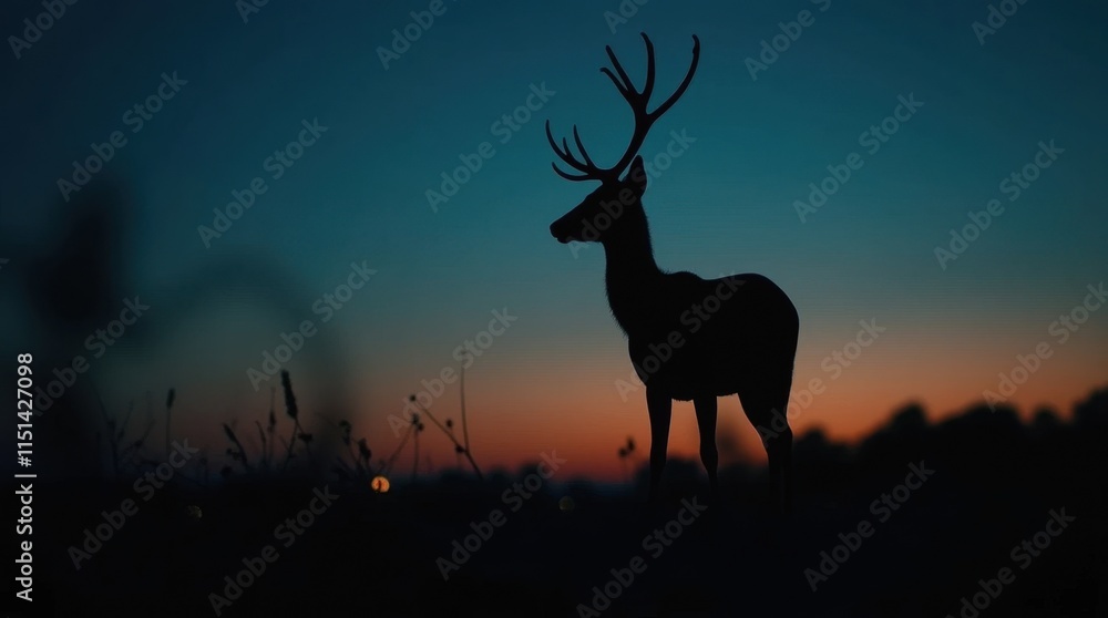 Deer Silhouette Against Dark Blue Sky Deer Silhouette Against Dark Blue Sky