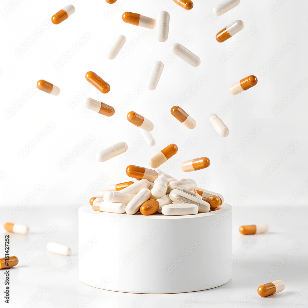 White and orange capsules falling into a clean white bowl on a white background. The image highlights healthcare, pharmaceutical treatment, and medical therapy themes. White and orange capsules falling into a clean white bowl on a white background. The image highlights healthcare, pharmaceutical treatment, and medical therapy themes.